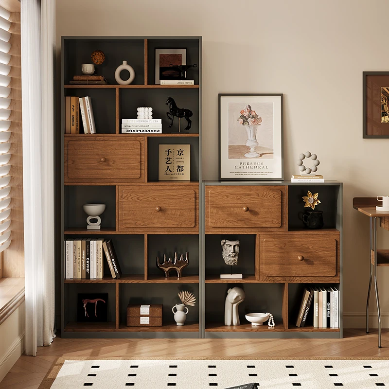 

Medieval style bookshelf Children's picture book rack Solid wood floor shelf Grid cabinet Storage combination cabinet Household