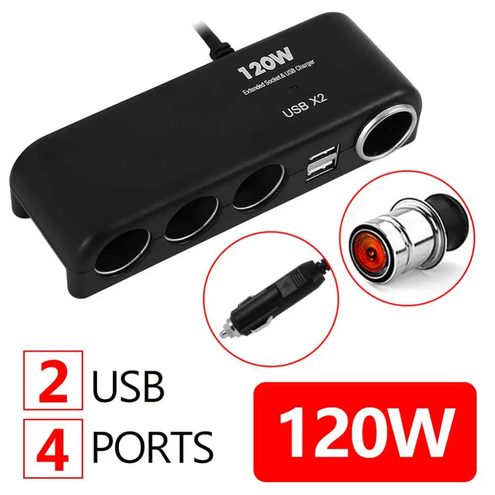 ABS 120W 4 Way 12V/24V Multi  Socket Car Cigarettes Lighter Splitter Dual USB Charger Power Adapter Black Auto Interior Parts