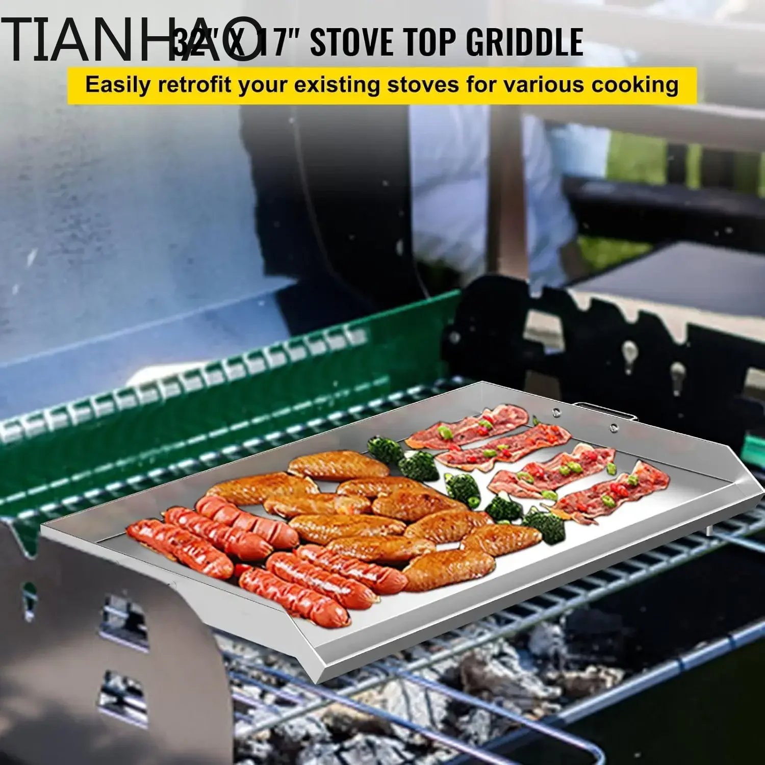 Nordic Griddle Stainless Steel,Universal Flat Top Rectangular Plate, Charcoal with 2 Handles and Grease Groove