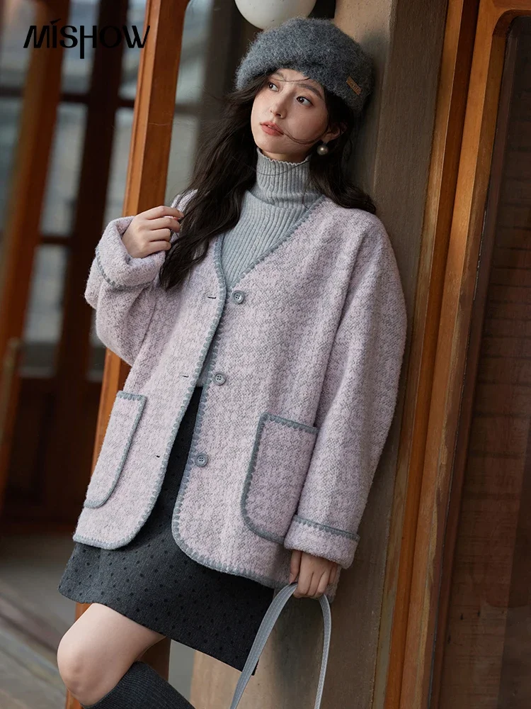 MISHO Wool Coat Cotton Clip Thickened Winter Womens Cardigan French Gentle Temperament Senior Soft Loose V-neck Top MXD56W0686