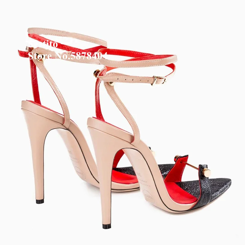 Pointed Peep Toe Metallic Rivets Cross-strap Sandals Women Cut-out Slingback Sandals Ladies Stiletto Heels Dress Runway Shoes