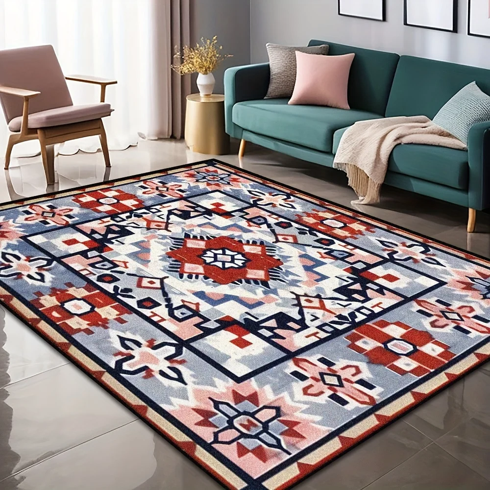 Rug With Red And White Geometric Ethnic Patterns On A Blue-grey Background  Vintage-style Tribal Rug For Living Rooms And Bedrooms