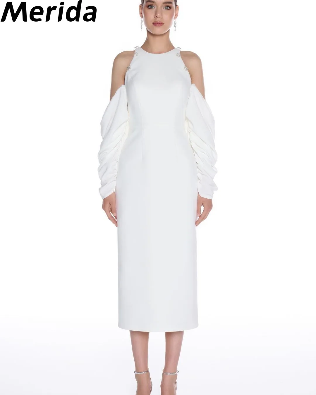 

Off Shoulder Evening Dresses Long Sleeves Tea-length Beads Elegant Simple Style Formal Occasion Dresses Vestidos De