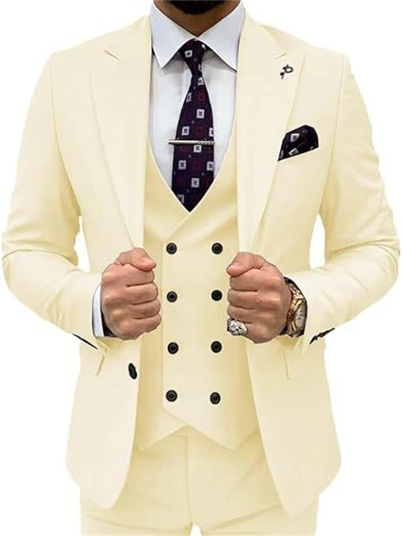 

Handsome Beige Wedding Mens Suits Slim Fit Groom Tuxedos Peak Lapel 3PCS Jacket Business Male Blazer Clothing(Jacket+Pants+Vest）