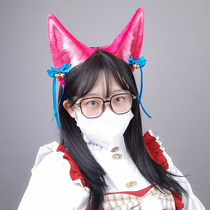 LoL Spirit Blossom the Nine-Tailed Fox Ahri Cosplay Accessories Fox Ears Headband Bowknot Bell Hairband Handmade Headwear