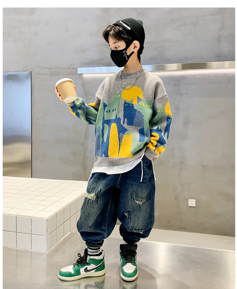 Herbst-Winter Jungen Pullover Sweater für Teenager 5-14 Jahre Cartoon-Katzenmuster Strickwaren Kleidung Kinder Schule Langarm Weicher Pullover – Detail 2