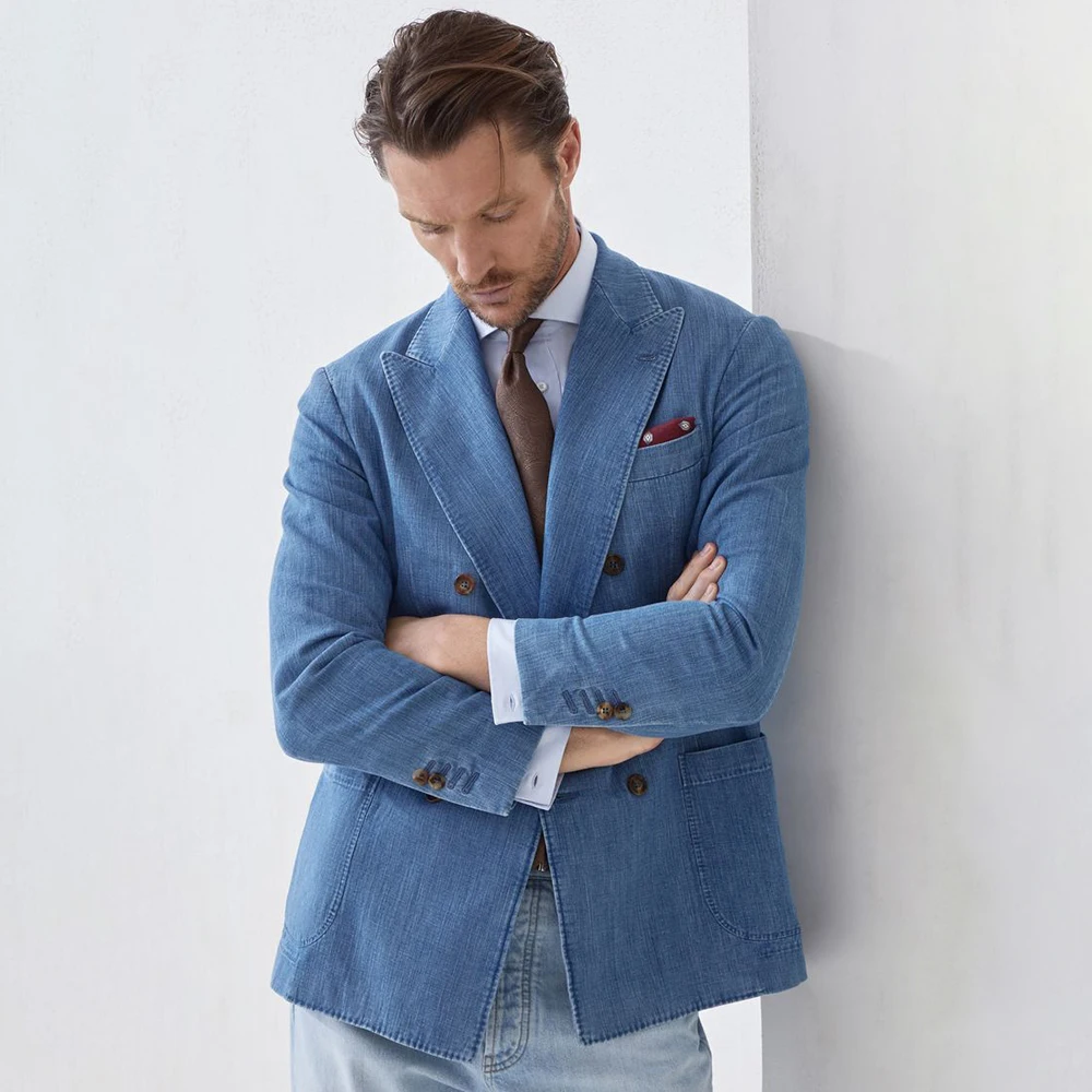 

Denim Men's 2 Piece Suits Outfits High Quality Double Breated Back Vent Blazer Formal Male Clothing Jacket Pants Sets Costume