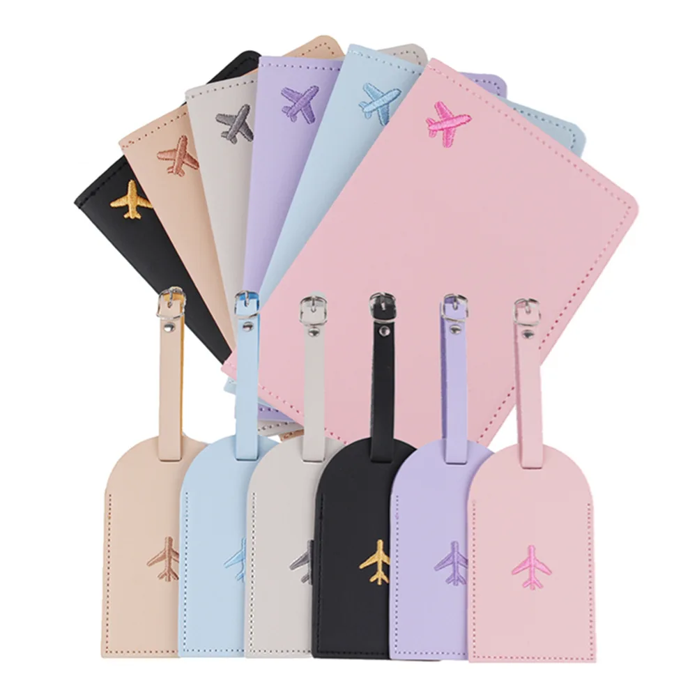 여행용 자수 여권 케이스, 여권 커버 및 수하물 태그 세트, 여성 남성용 PU 가죽 여행 액세서리