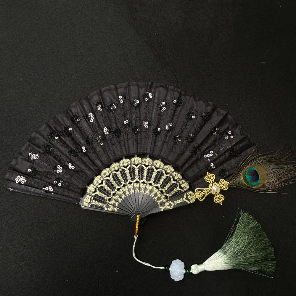 

Складной веер с черной ручкой, кружевом, вышивкой, пайетками и подвеской, для выступлений в стиле чонсам, длина: около 35 см, 10 цветов