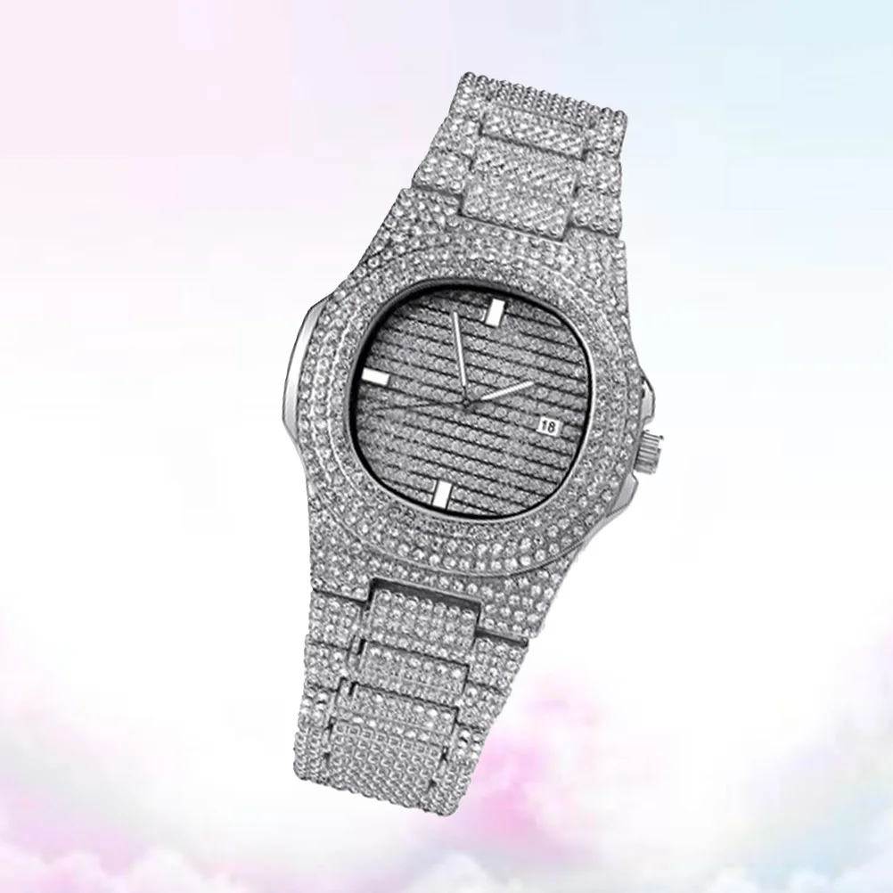 남성용 실버 지르콘 라인스톤 쿼츠 손목시계, 세련되고 우아한 디자인, 안정적인 무브먼트, 생일 및 결혼식에 이상적인 선물