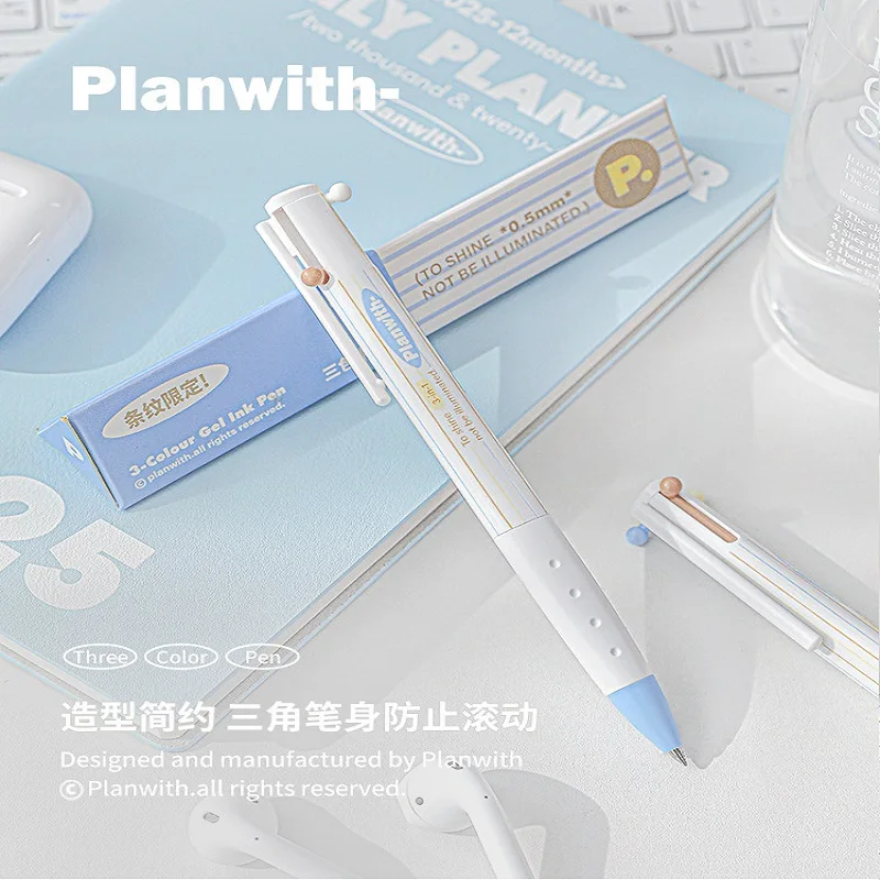 Planwith三角形ペンホルダー、3-in-1、マルチカラー、学生メモ、ライティング、文房具、プレス、ニュートラルペン、0.5mmカラーペンコア