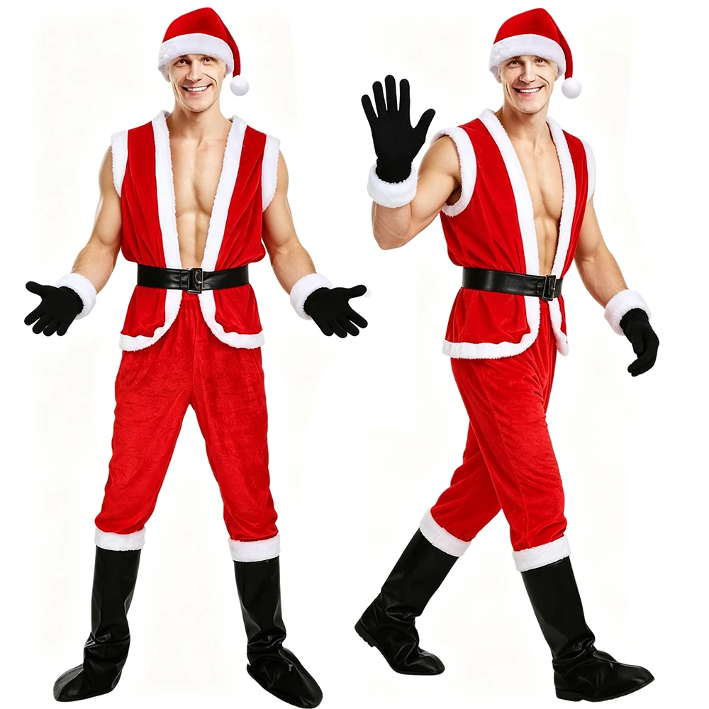 Conjunto de Disfraz Navideño para Hombre Adulto, Traje de Papá Noel, Chaleco sin Mangas y Pantalones Largos, Atuendo para Fiesta