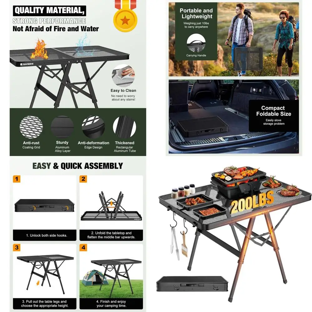 

Portable Folding Grill Table with Mesh Top, 200lbs Capacity, 3 Ft Adjustable Height, Ideal for Outdoor, Camping, Picnic, BBQ, Be