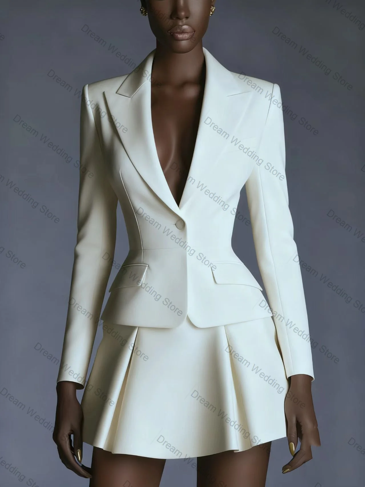 

White Women Suit Skirt Set 2 Pcs Blazer+Prom Dress Spring Autumn Cotton Formal Office Lady Jacket Customized Wedding Guest Coat