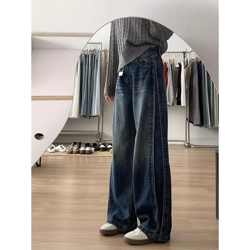 

American Design Vintage High Waist Wide Leg Jeans Women Spring Autumn Casual Plus Size Loose Floor-Length Pants Slimming Effect