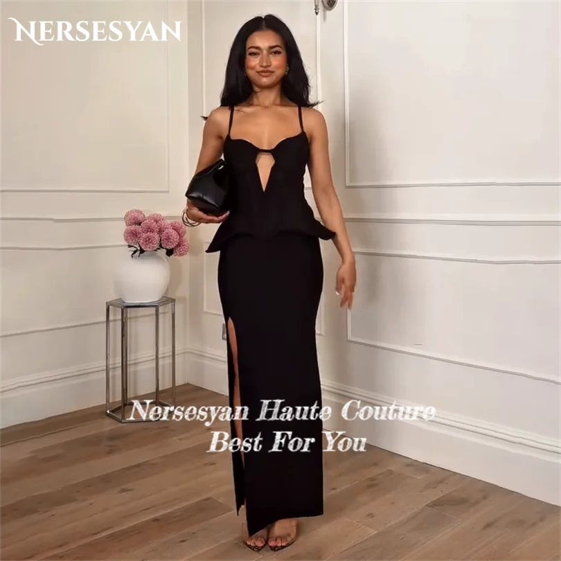 Nersesyan élégant noir sirène robes de soirée bretelles Spaghetti fente latérale robe formelle volants moulante robe Maxi personnalisé