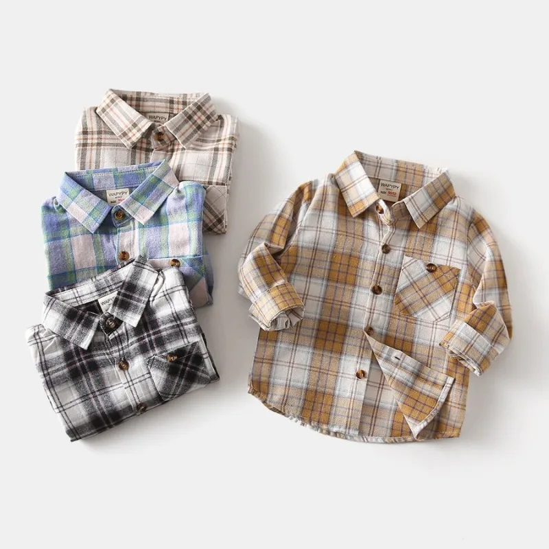 

Детская рубашка в клетку для мальчиков, весна-осень, с начесом, с длинным рукавом, модная детская одежда на каждый день