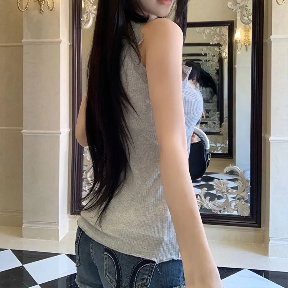 سلس سترة دون أكمام المرأة الجولة الرقبة الحلو الدانتيل كشكش المحاصيل الأعلى سليم صالح الملابس الداخلية الصدرية مع منصات بروتيل الشارع الشهير