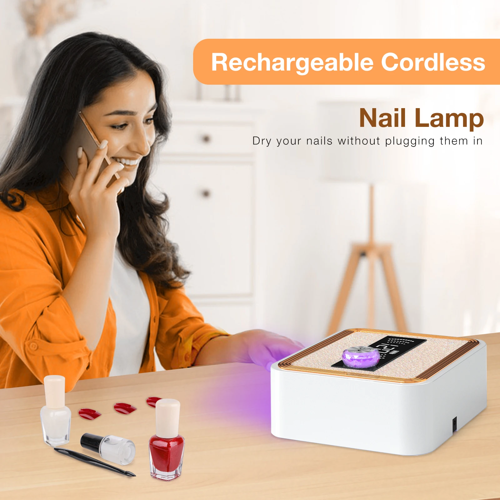 268W draadloze UV-nagellamp, oplaadbaar UV-licht voor gelnagels met unieke knop, fonkelende strass-diamant