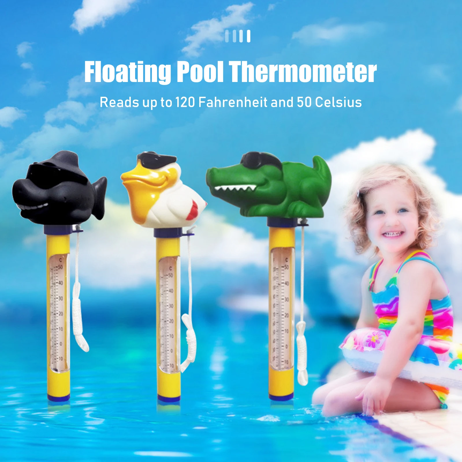 Floating Pool Thermometer Cartoon Animal Shape Water Temperature Thermometers with String for Outdoor Indoor Swimming Pools
