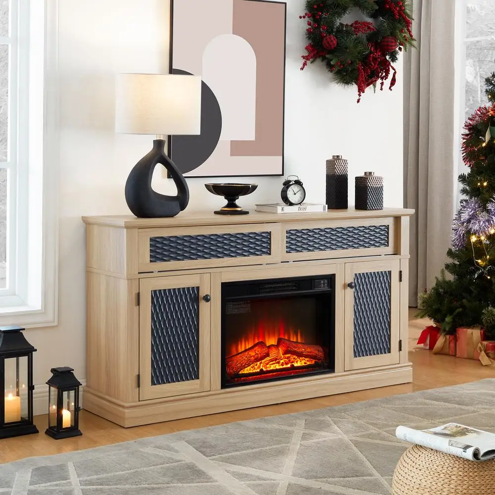 حامل تلفزيون مزرعة منقوش مع وحدة تحكم وسائط من خشب البلوط مقاس 23 بوصة مدفأة كهربائية مقاس 65 بوصة تدعم التلفزيون باب منزلق للتخزين المغلق #4