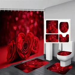 Valentine's Day Shower Curtain Set Red Heart Shaped Rose Flowers Lovers Gift Home Bathroom Decoration Bath Mats Toilet Lid Cover