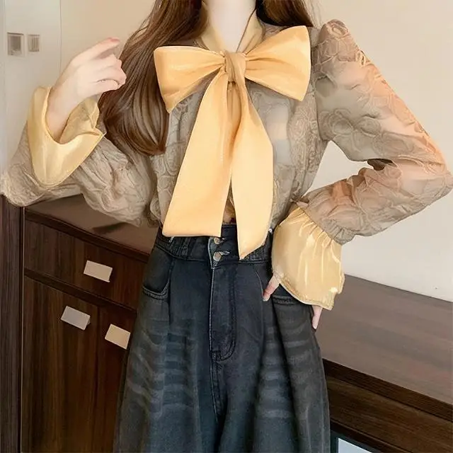 New Women Spliced bow Button Print Fashionable Loose and Versatile Casual Long-sleeved Blouses Shirts