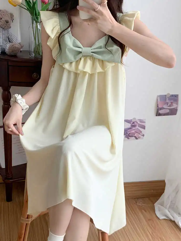 Yellow Nightgown For Women Summer Sweet Princess V-neck Camisole Nightgowns Cute Sleeveless Thin Contrasting Lace Home Outfit