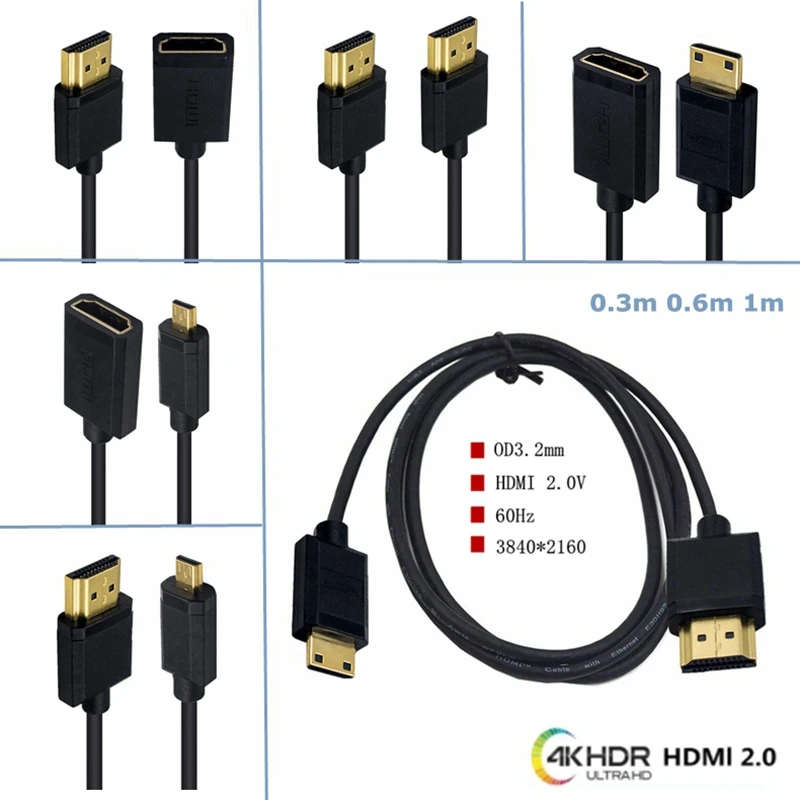 0.3m OD3.2mm Ultra Soft Micro to Mini HDMI - Compatible With HDMI - Compatible With 2.0 male and female Cable Ultra-thin 4k@60hz