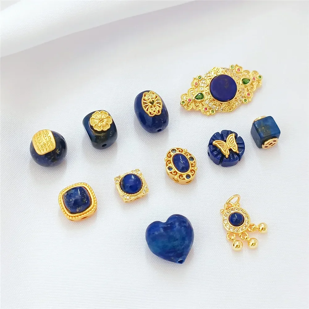 Natural Lapis Lazuli Color Retention 18K Gold-encased Square Oval Peach-shaped Bead Handcrafted Diy Jewelry Loose Bead Accessori