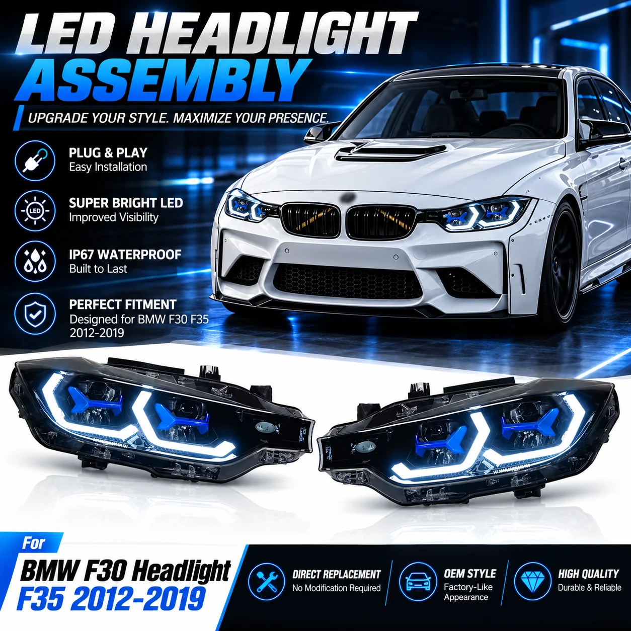 TYPY LED-Scheinwerfer-Baugruppen mit Tagfahrlicht, Brems- und Blinklicht für BMW F30 F35 2012-2019, Plug-and-Play-Autolampen zum Austausch