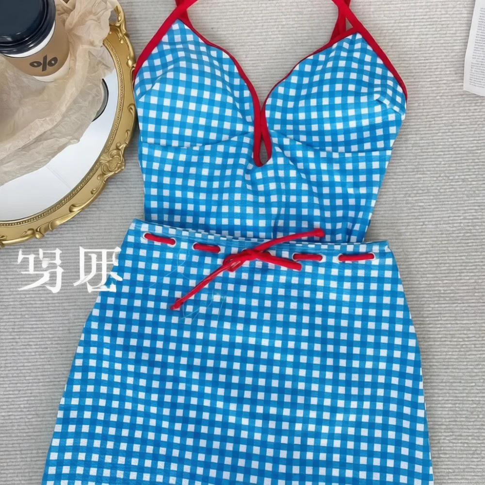 Sexy Plaid One Piece Swimsuit Women Blue Checkered Swimwear Push Up Bathing Suit Slimming Beach Bikini Monokini Sets