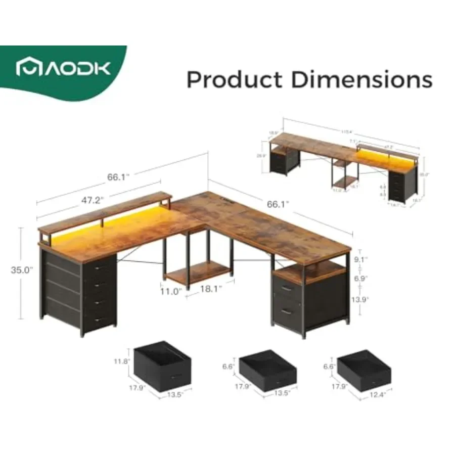 L-shaped computer desk for home office use, engineered wood in white, reversible design with file cabinet, 4 fabric drawers, LE