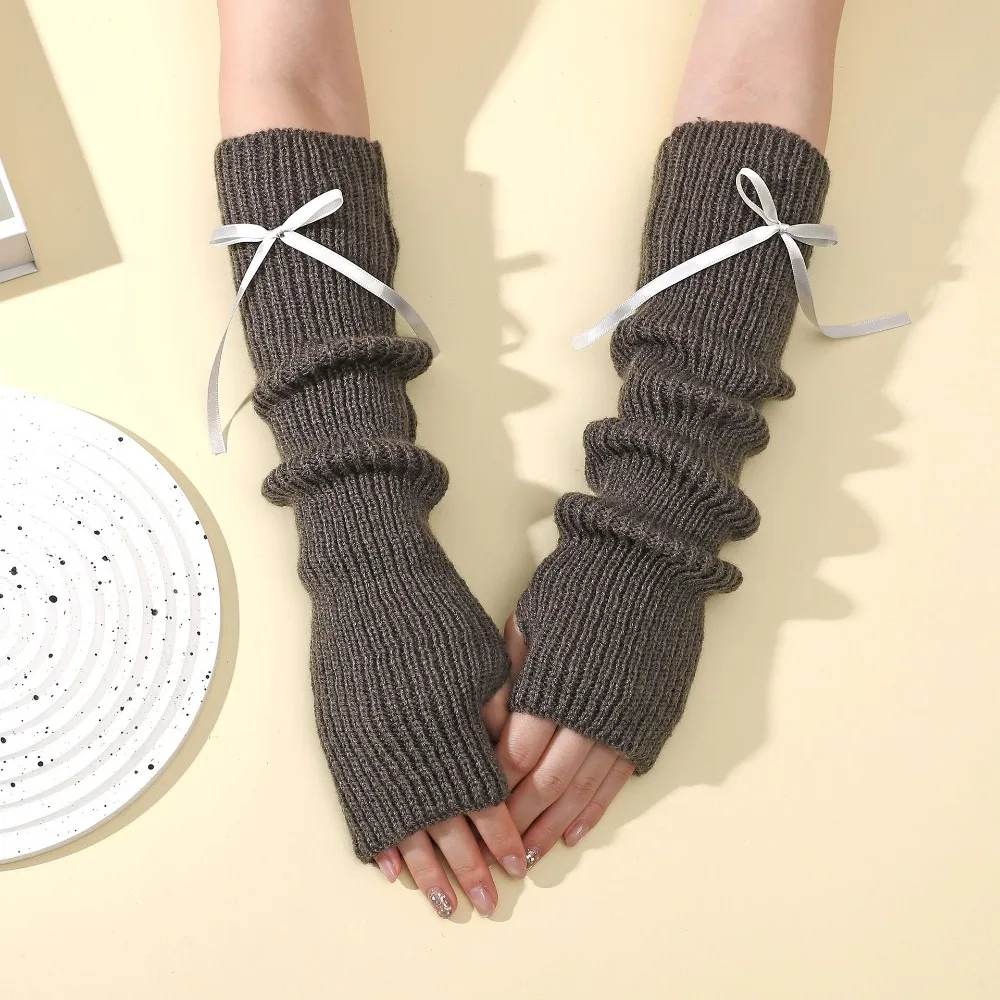 

New Y2K Long Wrist Gloves Bowknot Thicken Knitted Arm Sleeves Solid Color Soft Arm Warmers Women