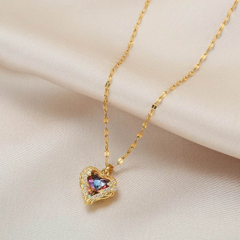 Super Luxury Colorful Crystal Ocean Heart Necklaces For Women Korean Fashion Stainless Steel Jewelry Female Wedding Accessories
