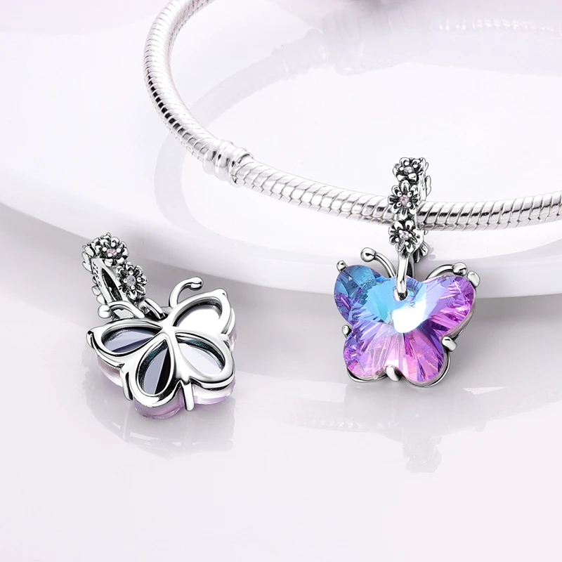 Silver Plated Purple Charms Flower Butterfly Dangle Charm Beads Fit Original Pandora Bracelet Diy Pendants