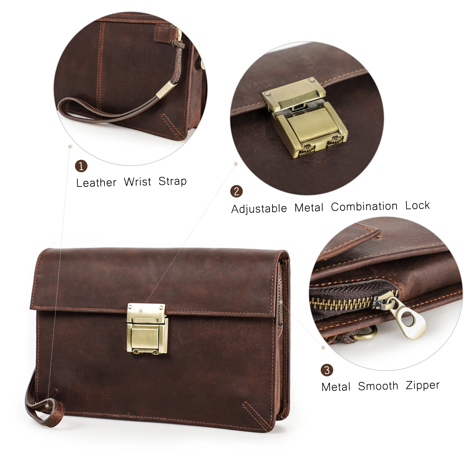 Echt leder Männer Kupplungen Passwort Schloss Handtasche Vintage-Stil lange Brieftasche verrückte Pferd Leder Business Hand Geldbörse