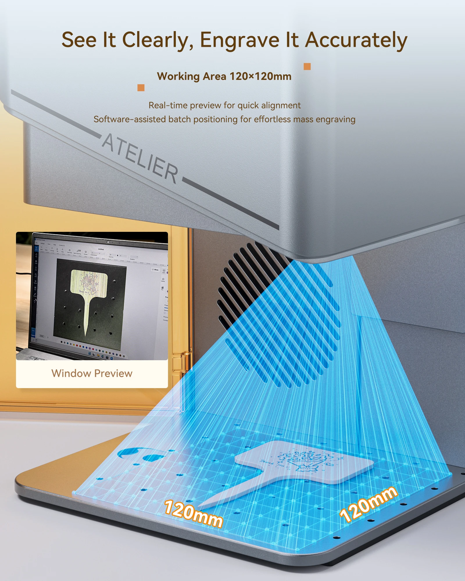 AtomStack Atelier حفارة ليزر محمولة 10 وات، مصدق للسلامة من الفئة 1 لورق الجلد الخشبي DIY