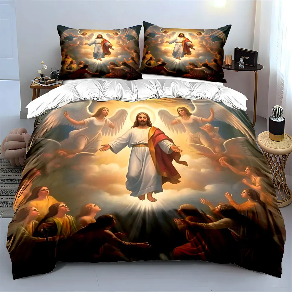 Sacred Jesus Christ Heaven Angel Bedding Set 3pcs, Warm Light Cloud Saint Religious Print 1 Duvet Cover 2 Pillowcase, Gift