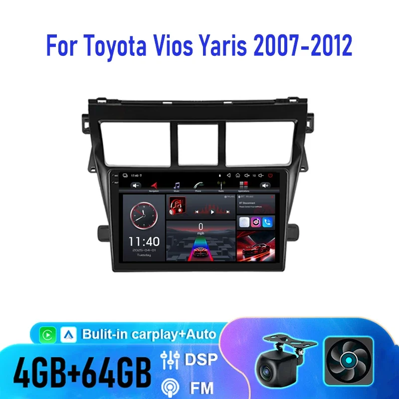 Carplay Screen for Car, 9inch Carplay Car Radio For Toyota Vios Yaris 2007-2012 with Mirror Link/Backup Camera/GPS Navigation