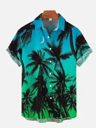 Men's Hawaiian coconut tree print shirts Summer aurora pattern short sleeved shirt Men's beach button shirt Trend lapel shirts