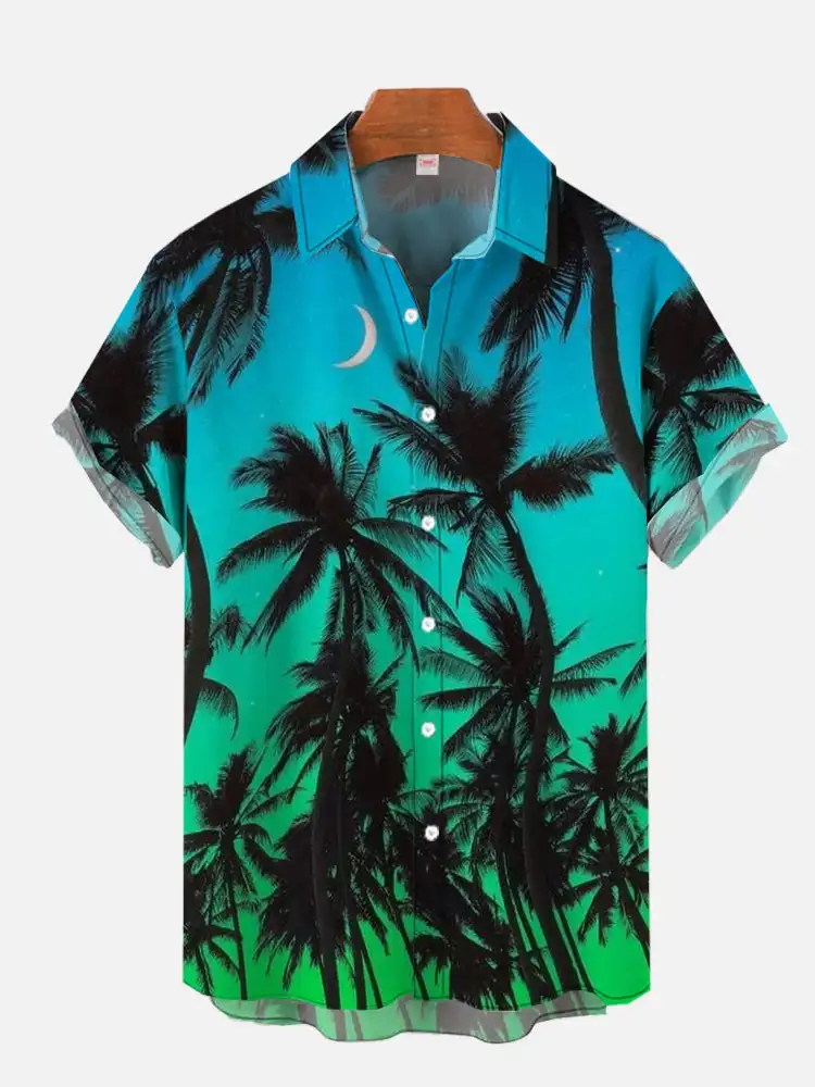 Men's Hawaiian coconut tree print shirts Summer aurora pattern short sleeved shirt Men's beach button shirt Trend lapel shirts