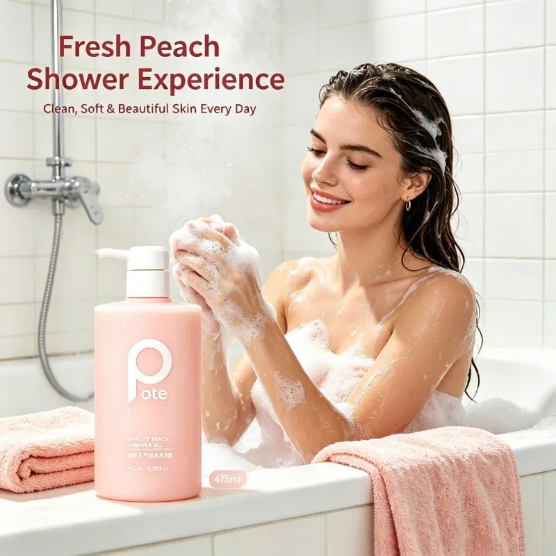 POTE 475ml Vitality Peach Shower Gel Amino Acid Moisturizing Body Wash Long Lasting Fragrance Shower Lotion for Smooth Soft Skin