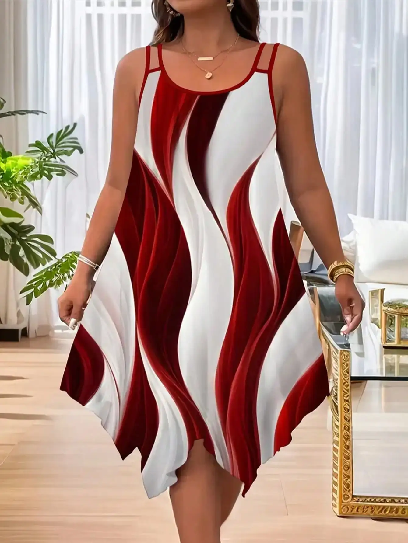 Red And White Swirl Print Plus Size Spaghetti Strap Dress With Asymmetrical Hem For Summer Casual Wear
