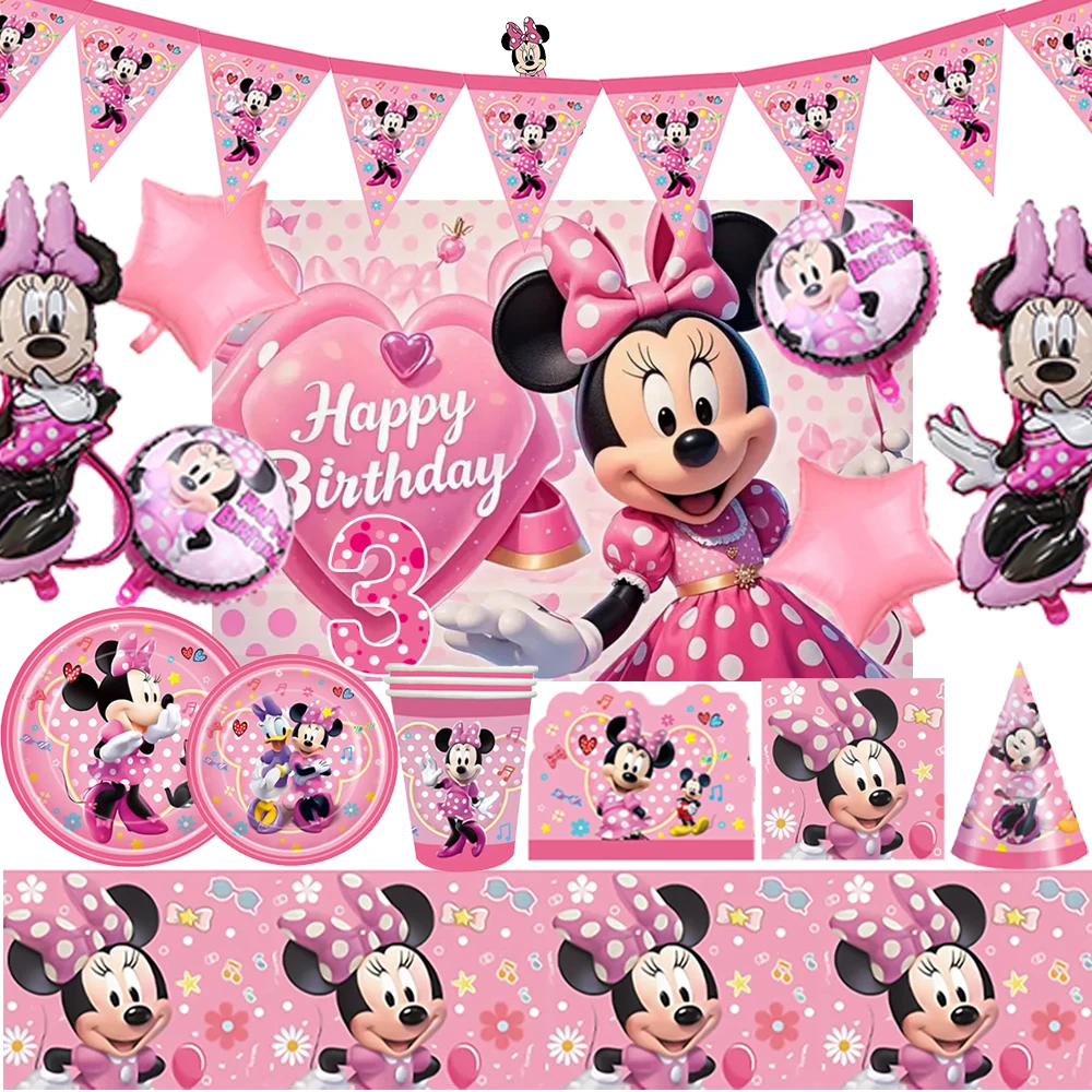 

Disney Cartoon Minnie Mouse Backdrop Girl Sweet Pink Birthday Party Decorations Disposable Tableware Scoop Forks Set Supplies