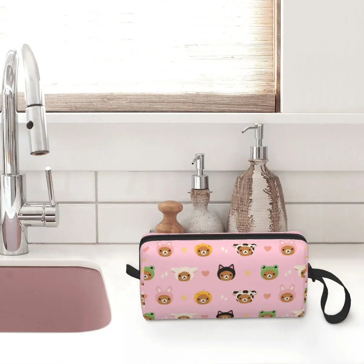 Pink Rilakkuma Zoo Makeup Bag Pouch Waterproof Cosmetic Bag Travel Toiletry Bag Organizer Storage Purse Large Capacity