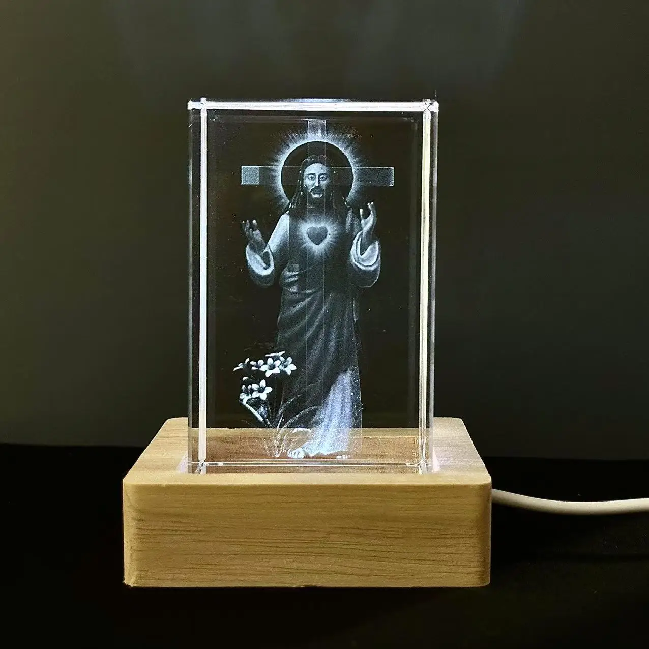 Jesus Cube Crystal LED Night Light Strip Base, Glass Decorative Gift, Suitable for Bedroom, Living Room, Birthday, Mother's Day, - view 3