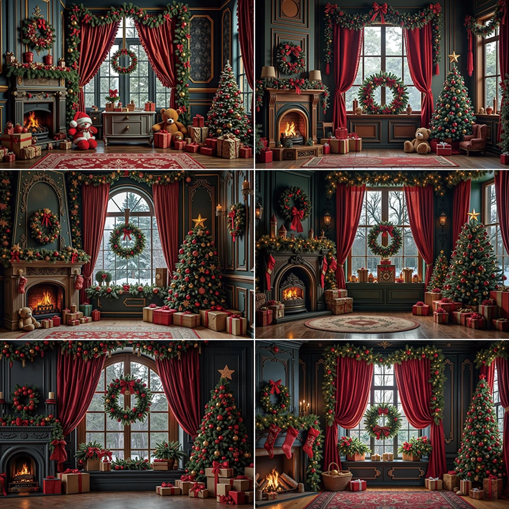 

MOON.QG Christmas 2025 Photography Backdrop Living Room Fireplace Xmas Tree Photozone Background Children Studio Photocall Props