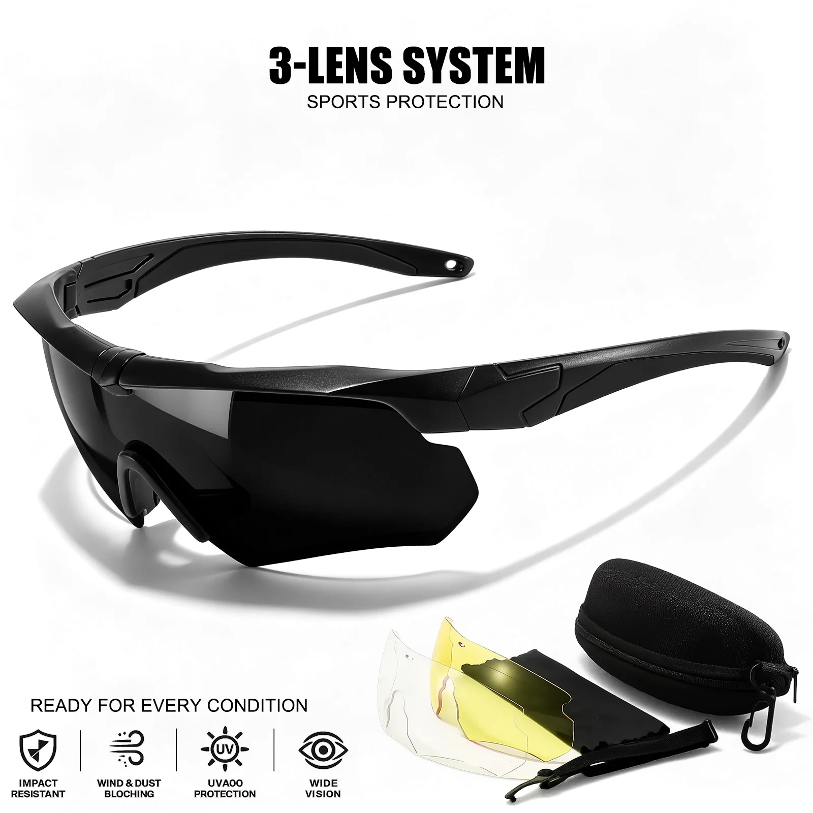 3 Interchangeable Lenses Tactical Glasses, UV400 Impact Resistant Windproof Eyewear for Cycling Motorcycle Hunting Outdoor Sport