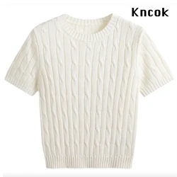 Knock Summer New Knit T-shirt for Women Classic Vintage Logo Stitch Short Sleeves Tees Girl Top